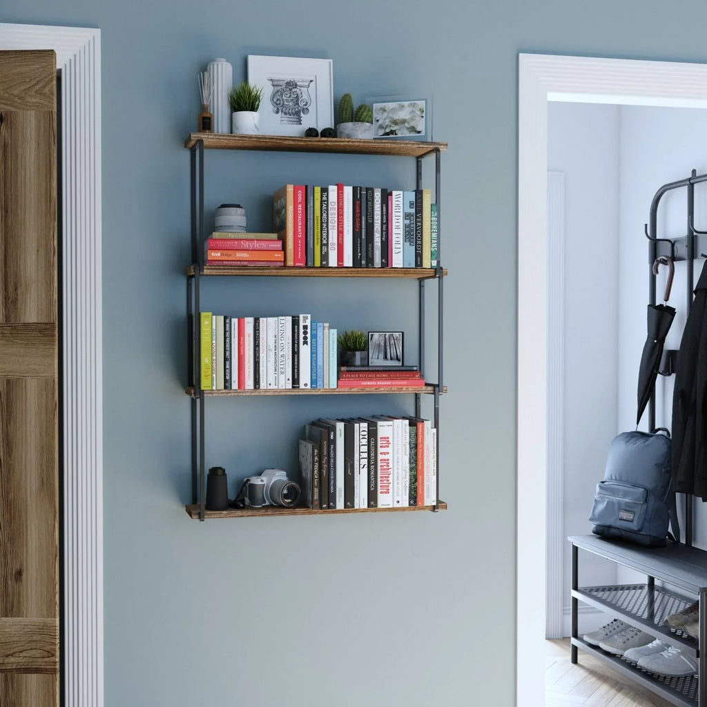 Porto Wall Kitchen 4-Tier Rustic Floating Wood Farmhouse for Laundry Bookcases Organizer, Burned Storage Natural Wallniture Shelves