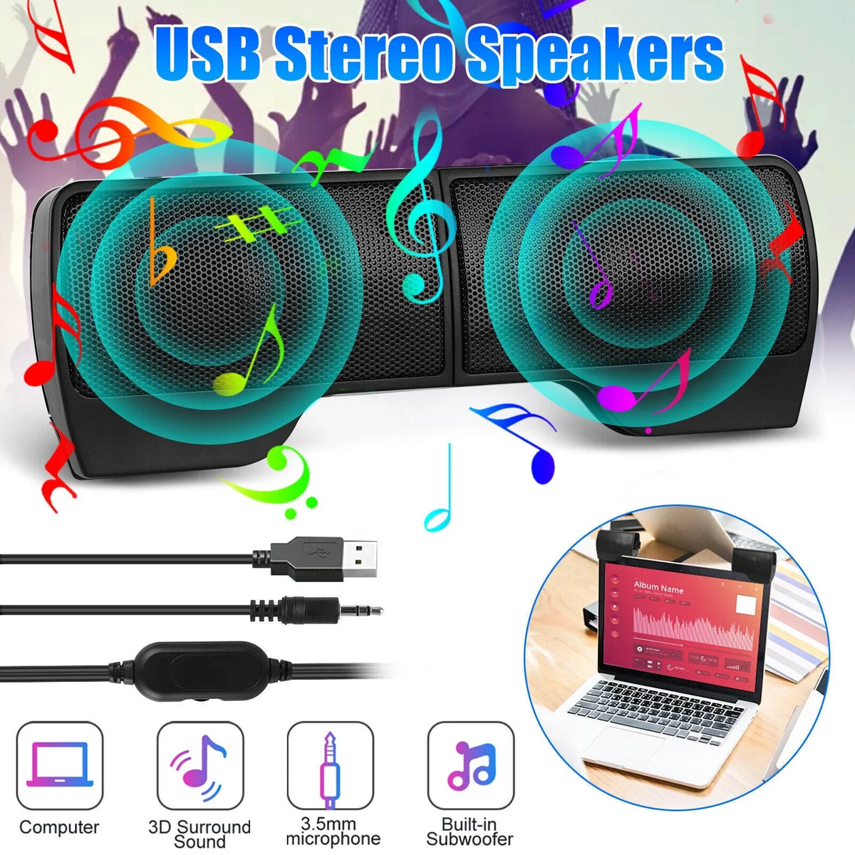Mini Speakers Laptop External Computer USB Sound Soundbar Tablet Stereo Clip-on