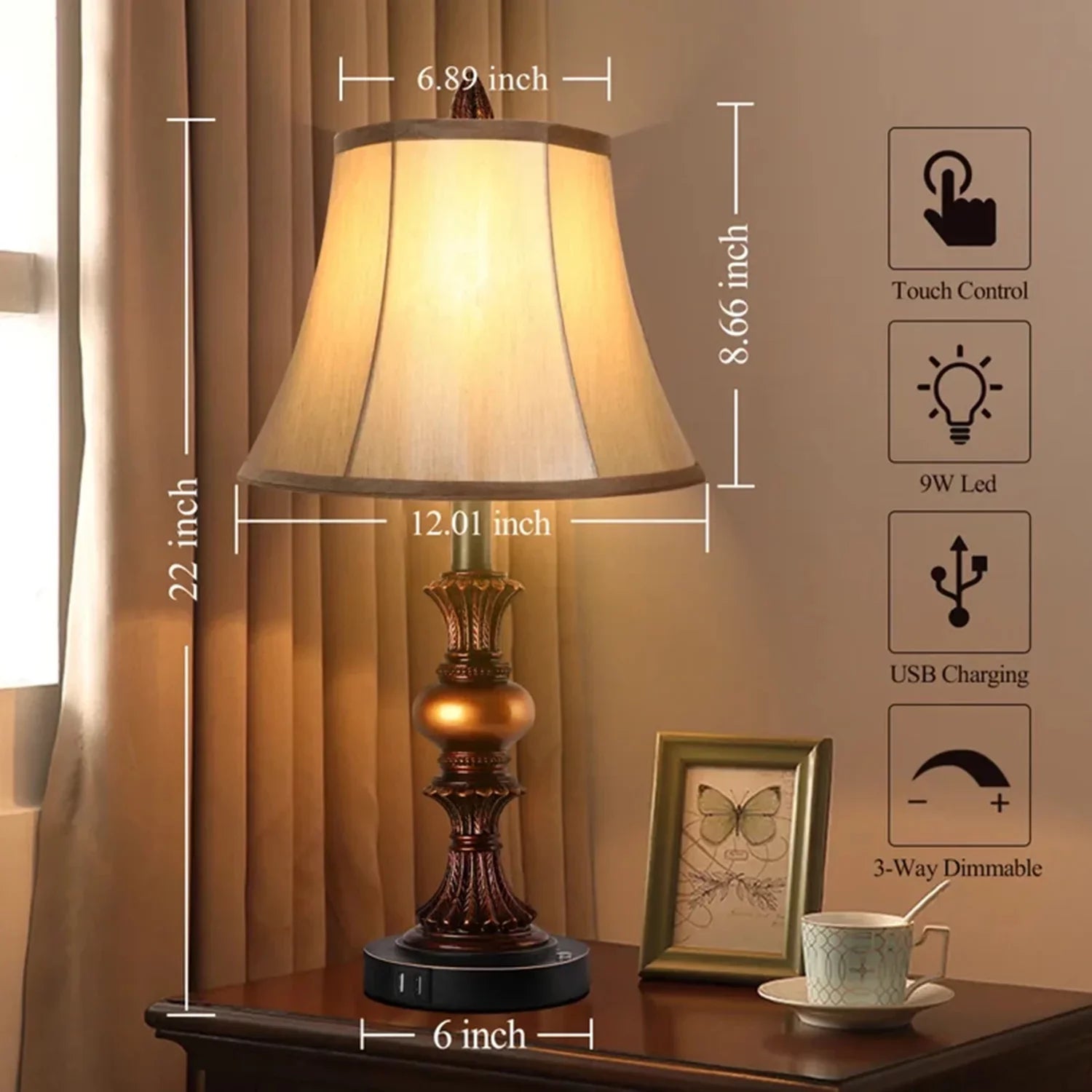 Port Nictiv 2 with Bulbs Touch Lamp Lamps, Control LED Dimmable Wooden Table Free Traditional of Nightstand Sets Bedroom USB 3-Way Lamp 4 Lamp with Bedside Set 2