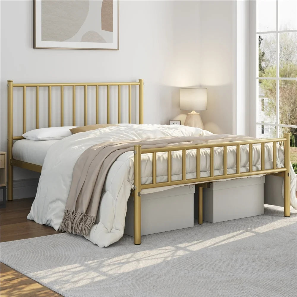 with Headboard Bed Gold Metal and Footboard,Full,Antique Easyfashion Platform Spindle Justin