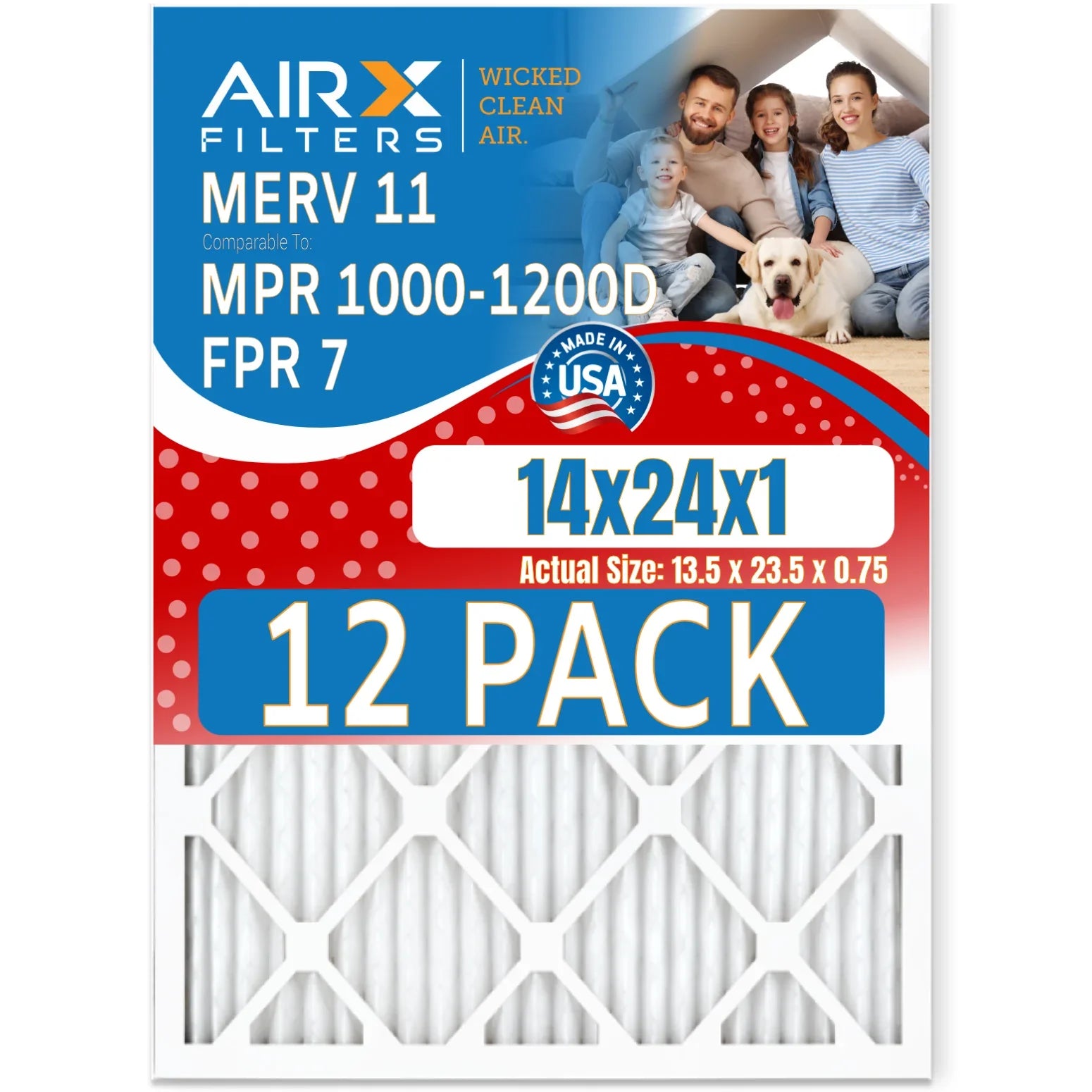 of Pack MPR CLEAN MPR to Filter Comparable 1200 USA by Furnace AIRX MERV 11 FPR Air 12 Rating, Filters in WICKED FILTERS AIR. 14x24x1 & Made 7 1000, -