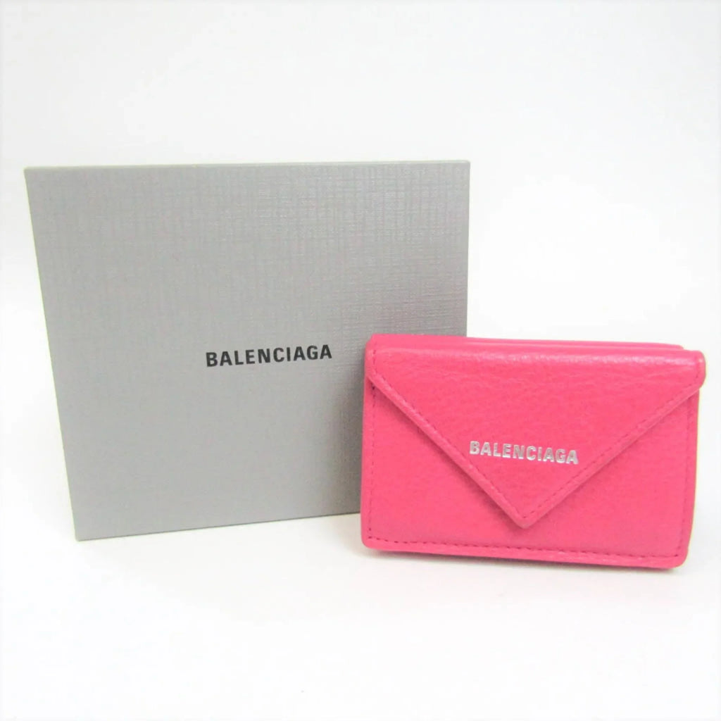 Pre-Owned (Good) 391446 Balenciaga Mini Pink Wallet Women's Papier Leather (tri-fold)