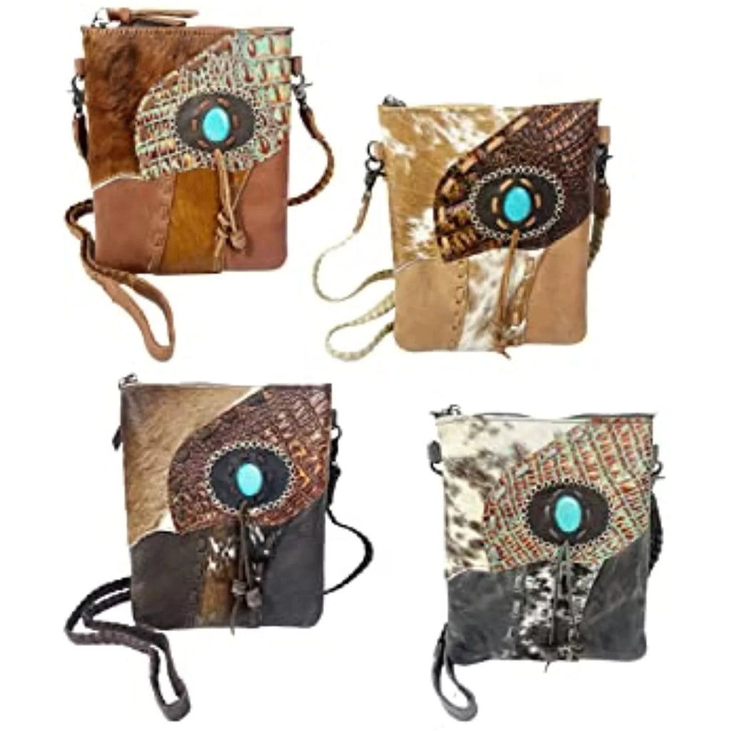 Purse Leather (Dark Tote Cowhair Purses Handbag Brown) Teal Bag Stitched Stone Urbalabs Western Tooled Hand Tassel Crossbody