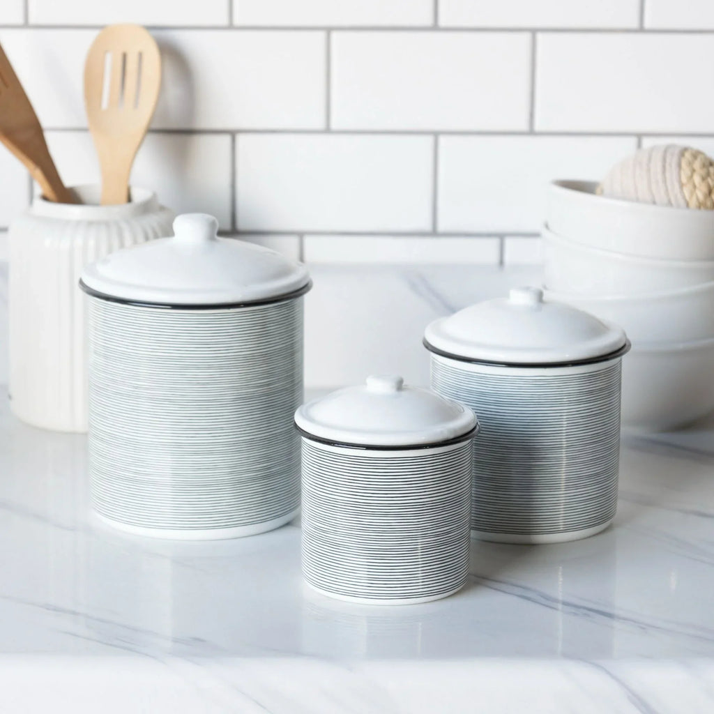 of Striped 3 - Kitchen Glossy Metal Canisters 7.5" Creative - and - Set White Black Design