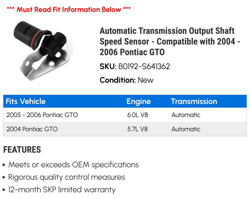 Pontiac Sensor - Automatic 2004 Output with Transmission 2006 Speed Shaft - GTO 2005 Compatible