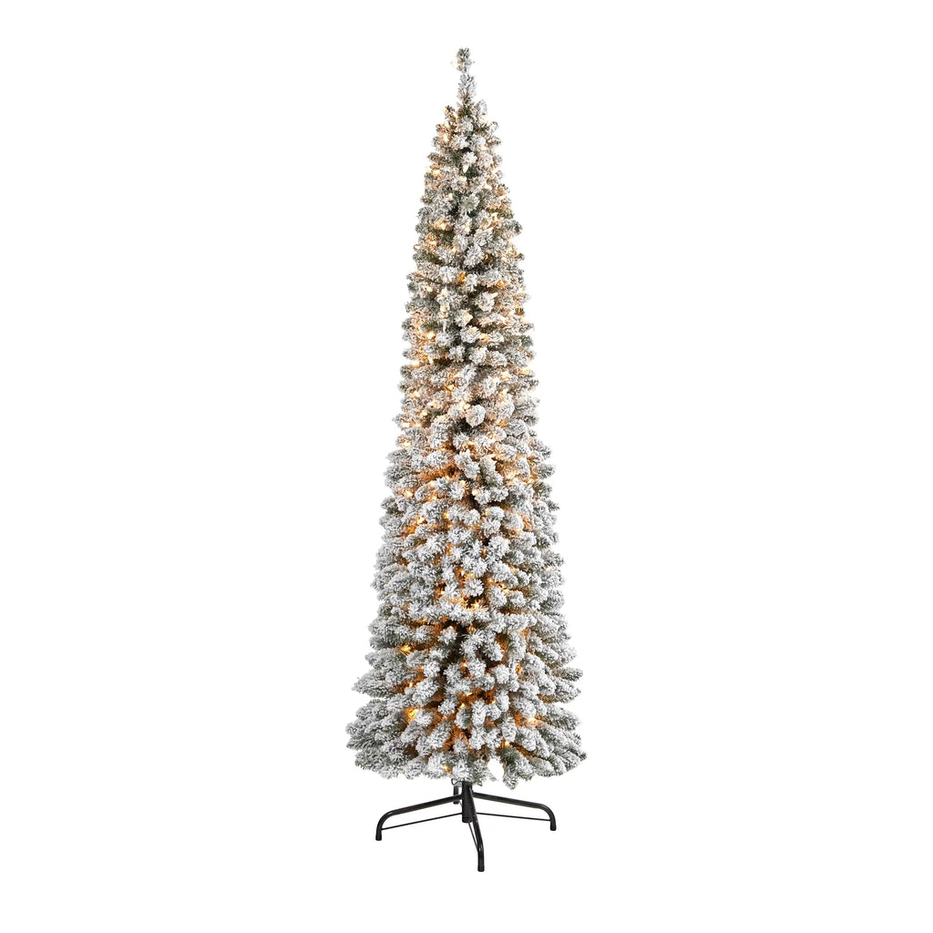White Christmas Lights Tree 7' Nearly Pencil Artificial Natural Flocked Clear 400 Prelit