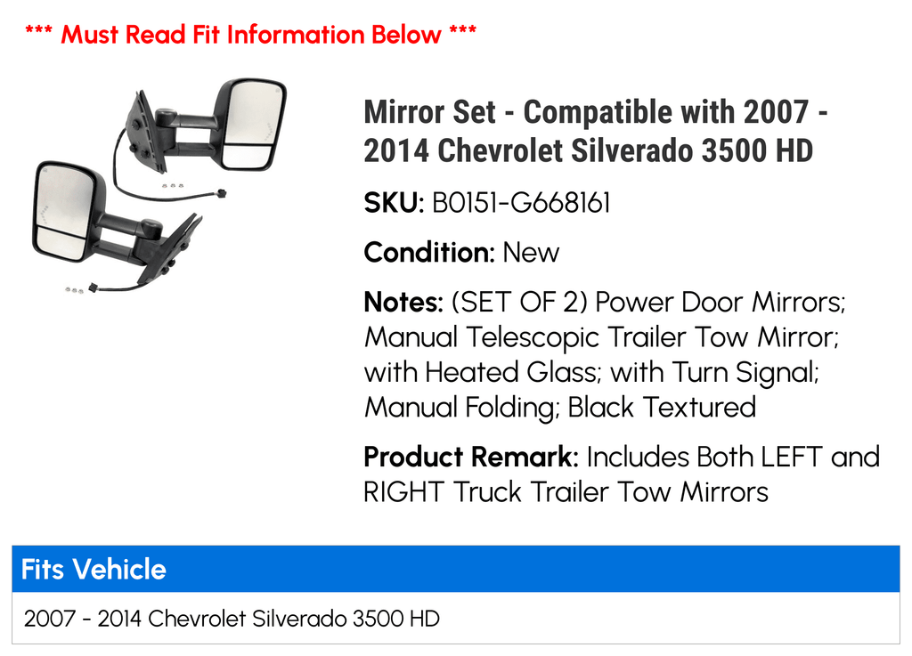 2009 2008 with Chevy HD - 2007 2013 - Mirror Set 2010 2012 Compatible Silverado 2014 2011 3500