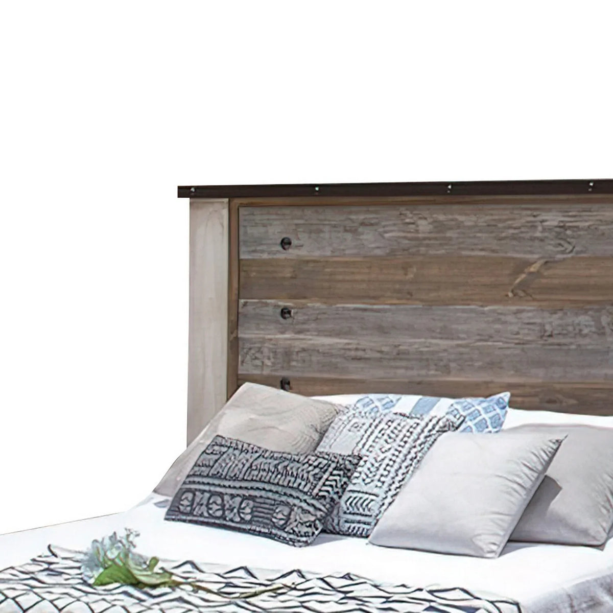 Size Round Brown Wood Fena Bed, Benjara Multicolor Nailheads, King Distressed Black