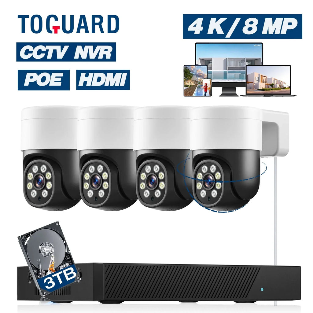Surveillance with Security Cameras 4K/4MP+4MP PTZ 4Pcs HDMI Camera Drive CCTV TOGUARD Outdoor 3TB SC46 NVR Hard POE 8CH 4K/4MP+4MP System Connector Dome