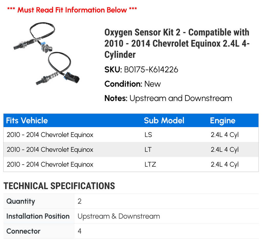 Equinox Compatible Sensor - 2014 4-Cylinder Oxygen 2 2011 with Chevy 2013 2.4L 2010 Kit 2012 -