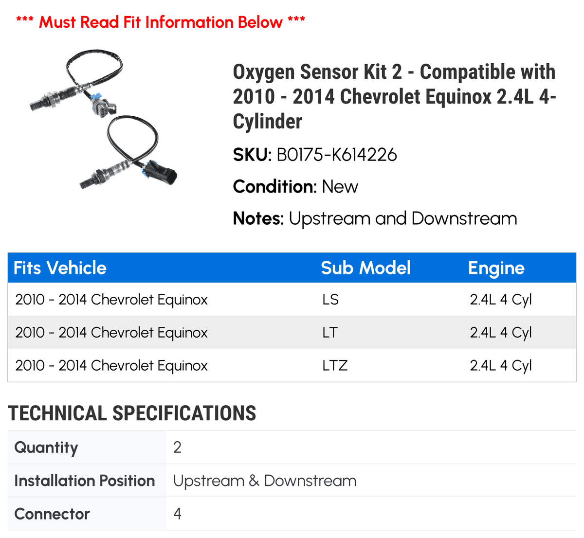 Equinox Compatible Sensor - 2014 4-Cylinder Oxygen 2 2011 with Chevy 2013 2.4L 2010 Kit 2012 -