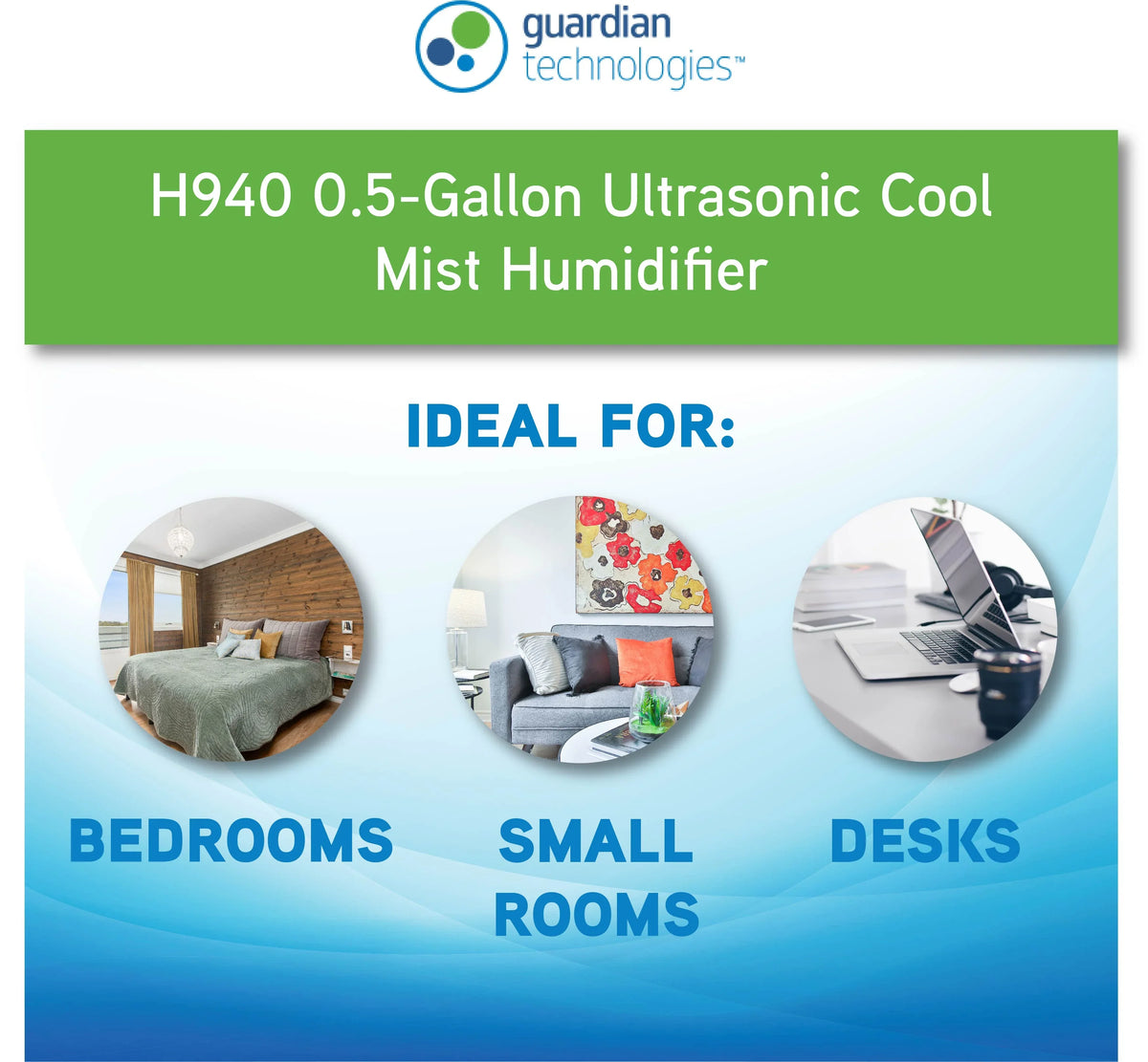 Mist H940AR Gallon, PureGuardian Ultrasonic Aromatherapy Humidifier 0.5 with 30-Hour, Tray, Cool