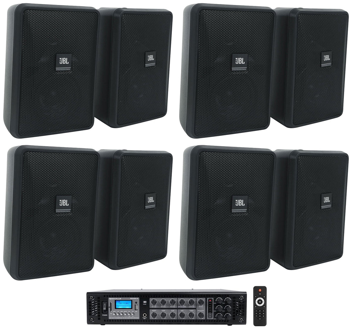 Control 23-1 JBL 70v Amp Black + Wall Commercial 3" (8) Indoor/Outdoor Speakers