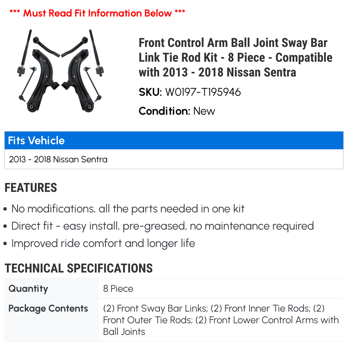 2016 2018 Tie Front - - Control Rod 2014 Ball 2017 2015 Arm Bar Compatible Nissan Kit 2013 8 Piece Joint Sentra Link - with Sway