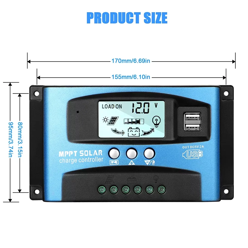 Charging Efficiency, Solar High USB, MCU Timer(Blue) 30A Build-in MPPT Charge Solar Dual Charger Panel Controller, Controller, Control, Regulator