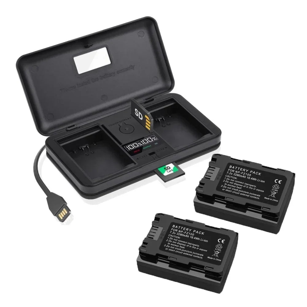 A7R A6600 Alpha FX30, A7R A9 Charger Battery Multi-Functional 7.4V NP-FZ100 III, 2280mAh Case for Charger, Pack Sony Battery LCD A7S A7 A1, FX3, A7 with 2 A7C, IV, A9, IV, BC-QZ1 III, II, III,