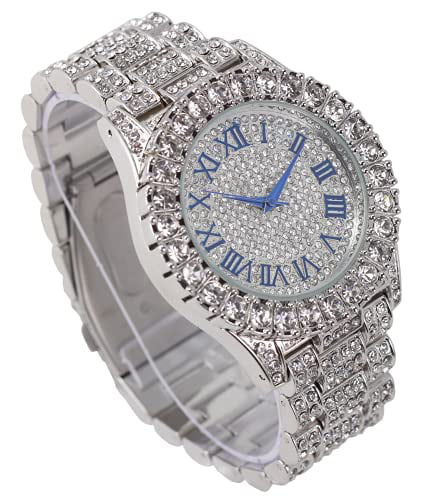 Iced #) Out Wristwatch Mens Dial Rocks Colorful Fully Big Cuban - Shiny RN Silver ST10327 Silver Cuban Out (Silver w/Blinged Bracelet Roman Numerals with R Charles Blue Royal Raymond