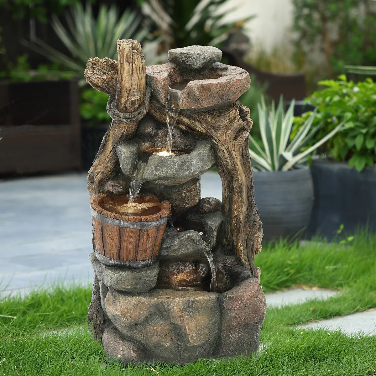 Wall And Rock Barrel Stacked Naturally Fountain With HomeStock Outdoor Nice Lights Led Resin