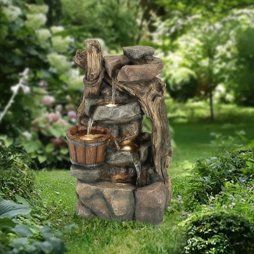 Wall And Rock Barrel Stacked Naturally Fountain With HomeStock Outdoor Nice Lights Led Resin