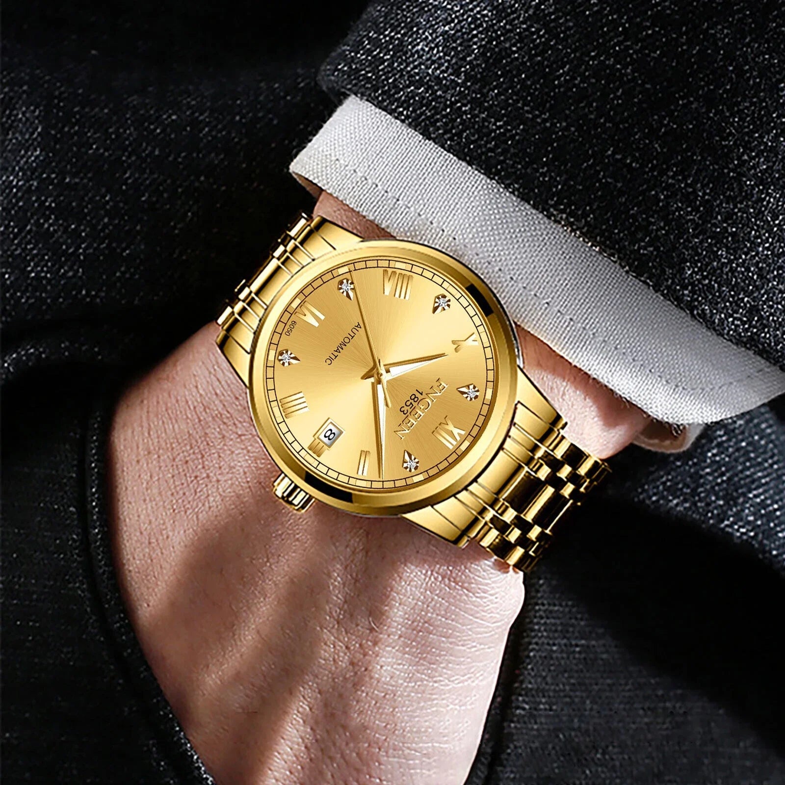 Stainless Wrist Men Mechanical Watch Gold Luxury Automatic Tone Waterproof Steel