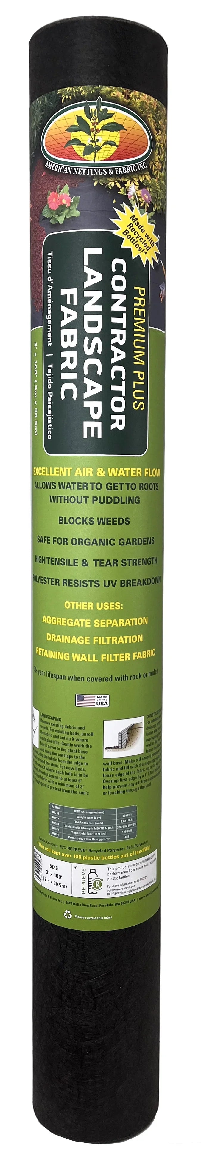Premium REPREVE Nettings 3' American (Lifetime) Recycled Landscape Contractor Plus Fabric 100' x