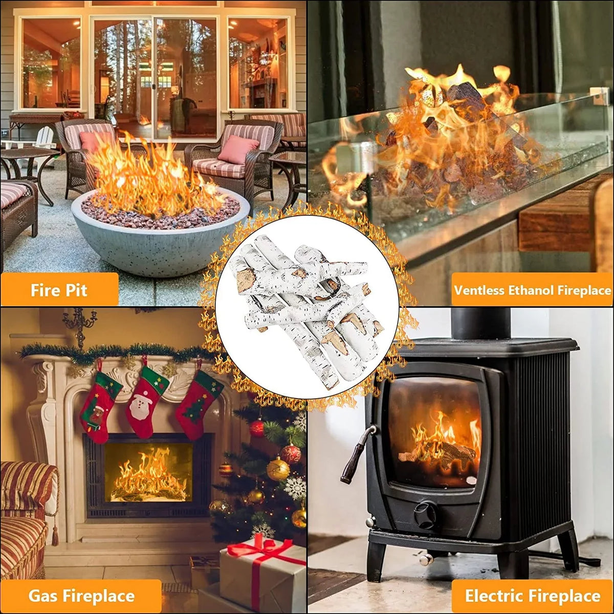 6 Logs Inserts, Birch Grisun Pits, Fireplace Gel, Fireplace Fire Propane, Firebowl, Pcs Logs, 26.8" Outdoor Indoor Ethanol, Vented, Ceramic Decoration, Realistic Wood White Large Gas Electric, for