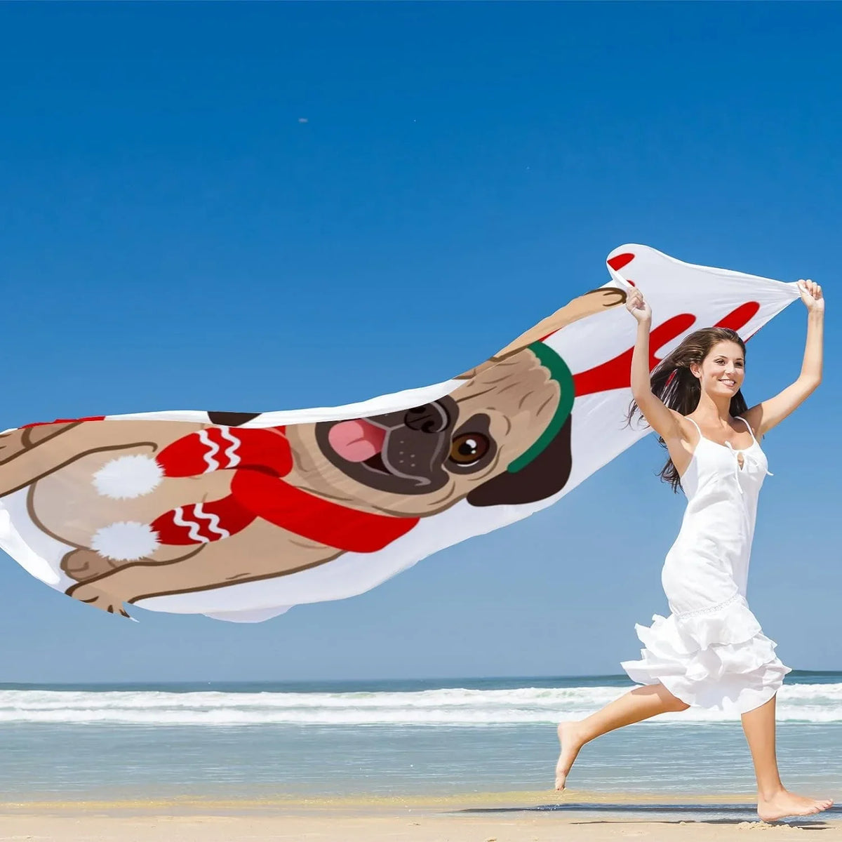 White Women Silk Long Neck Scarves Lightweight Wrap Pug Shawl Scarf Christmas Dog for Hyjoy Girls On