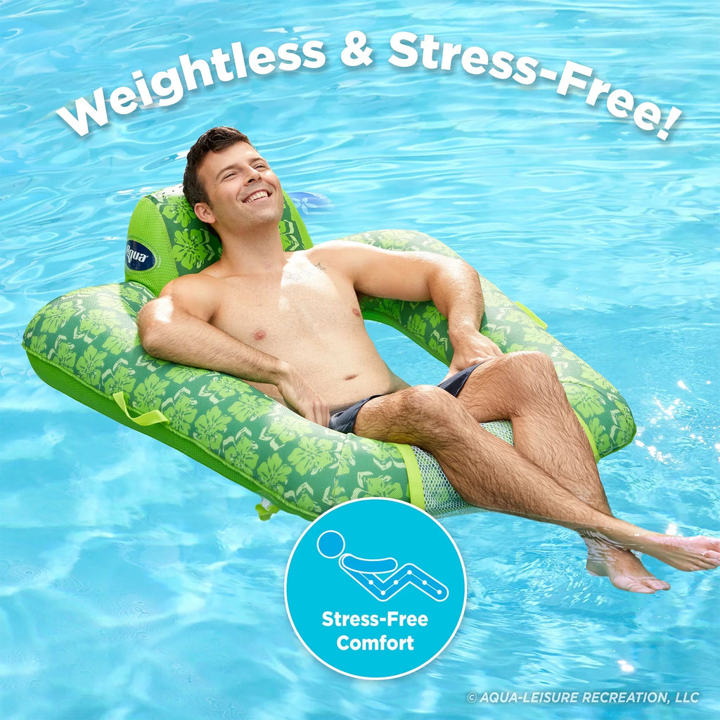 Green Lounge Swimming Leisure Pool Chair 0 Pump Float, Aqua w/ Hand Gravity
