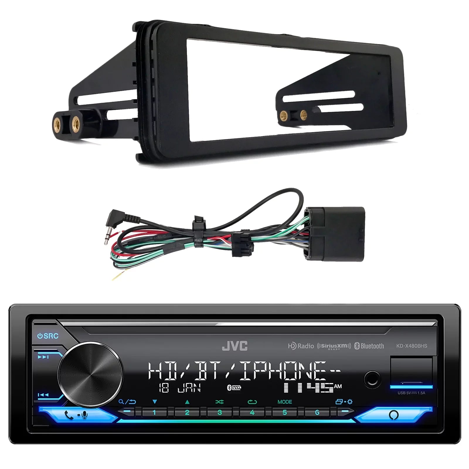 Single Combo Din AM/FM AUX Bundle Kit with LED Bluetooth Stereo Car 98-2013 USB Harley Installation DIN Amazon SiriusXM Install LED Audio Alexa Single JVC Radio Receiver Ready Enrock KD-X480BHS