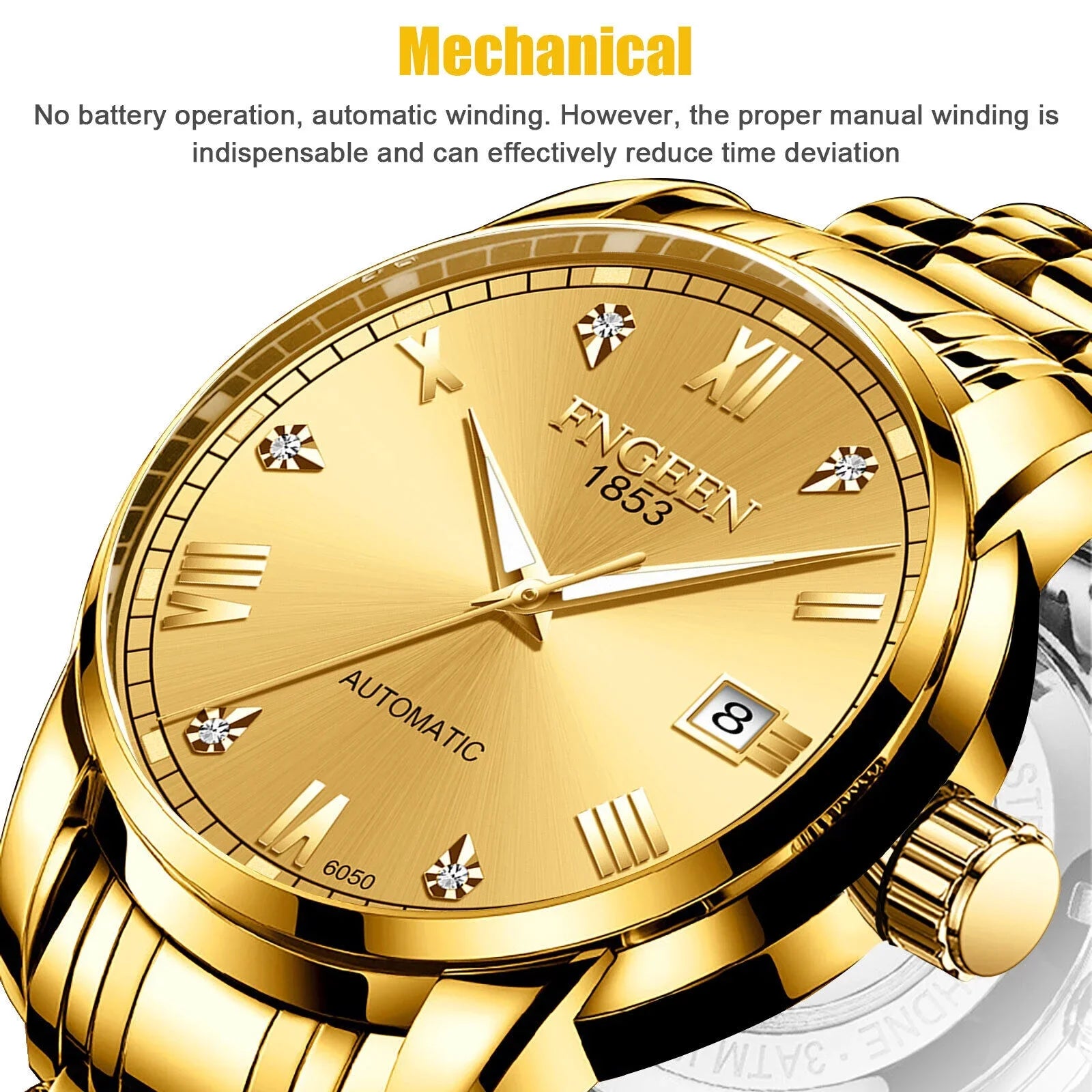 Stainless Wrist Men Mechanical Watch Gold Luxury Automatic Tone Waterproof Steel