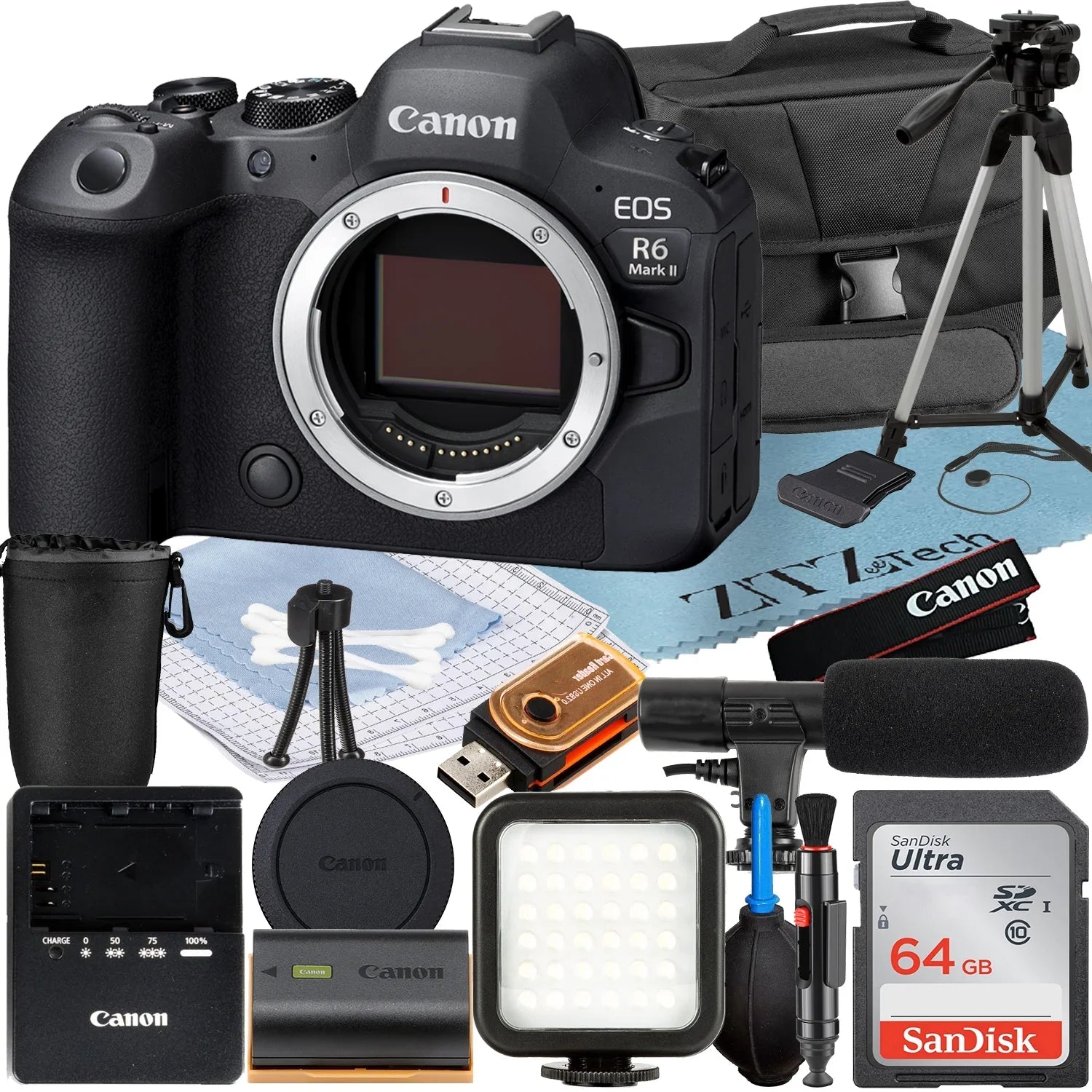 Mark with Card (Body) Bundle ZeeTech + Case LED II + SanDisk R6 Mirrorless 64GB Flash Memory Accessory Camera Canon + EOS