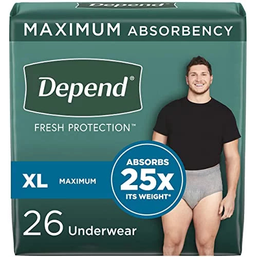 Maximum, Depend Men (Formerly Fit-Flex), for Extra-Large, Disposable, Depend Underwear Vary Grey, Fresh 26 May Protection Count, Incontinence Adult Packaging