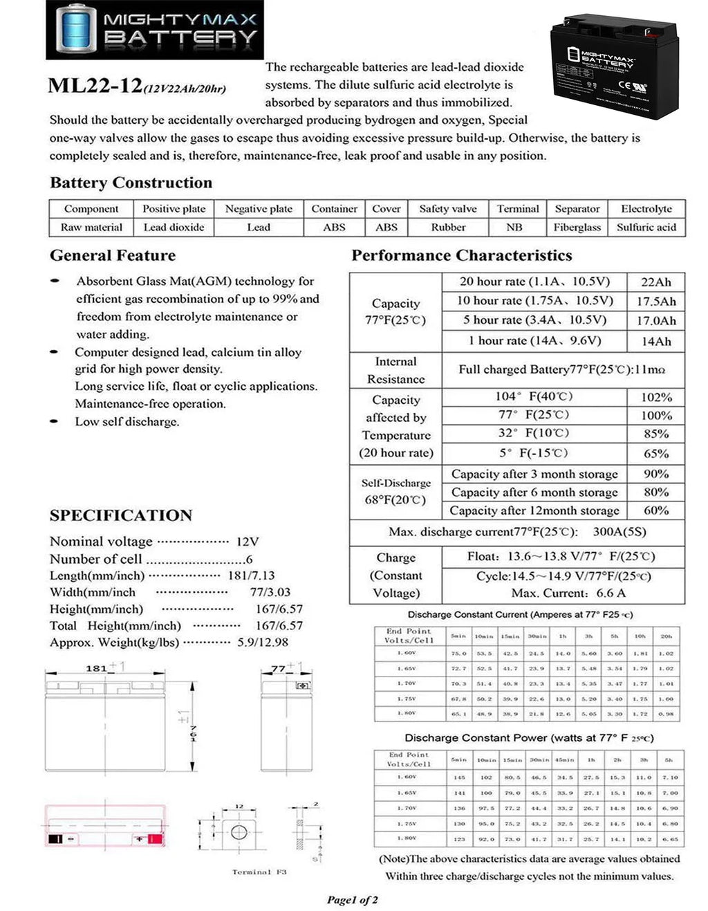 22AH SLA Battery Scooter Replaces Rascal Series R200/R500 12V
