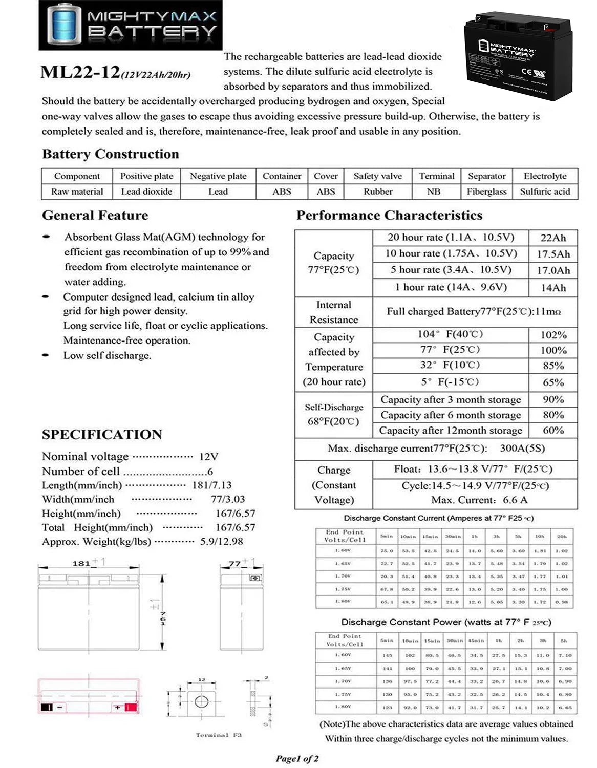 22AH SLA Battery Scooter Replaces Rascal Series R200/R500 12V
