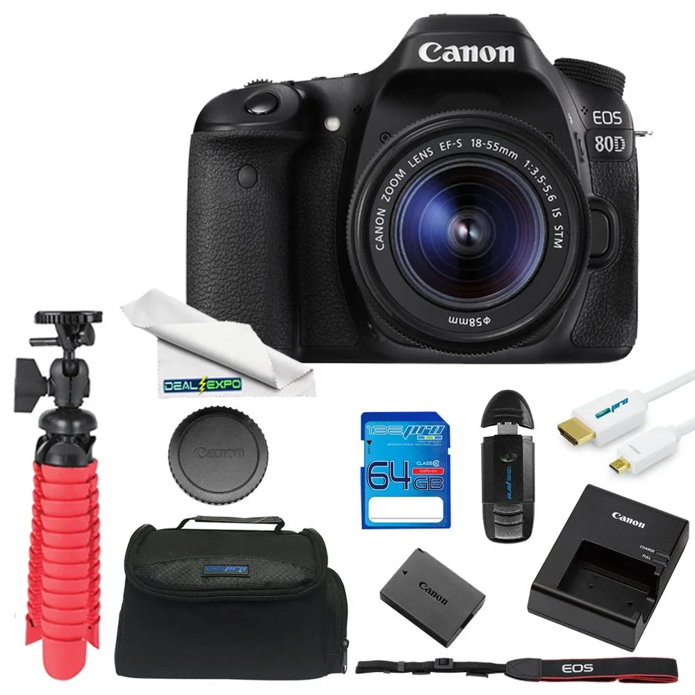 EOS with Essentials 64GB Canon Camera Expo DSLR Lens + 80D Kit 18-55mm