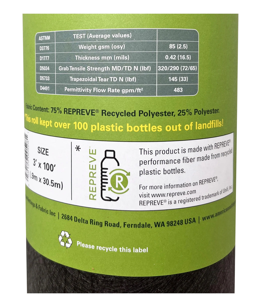 Premium REPREVE Nettings 3' American (Lifetime) Recycled Landscape Contractor Plus Fabric 100' x