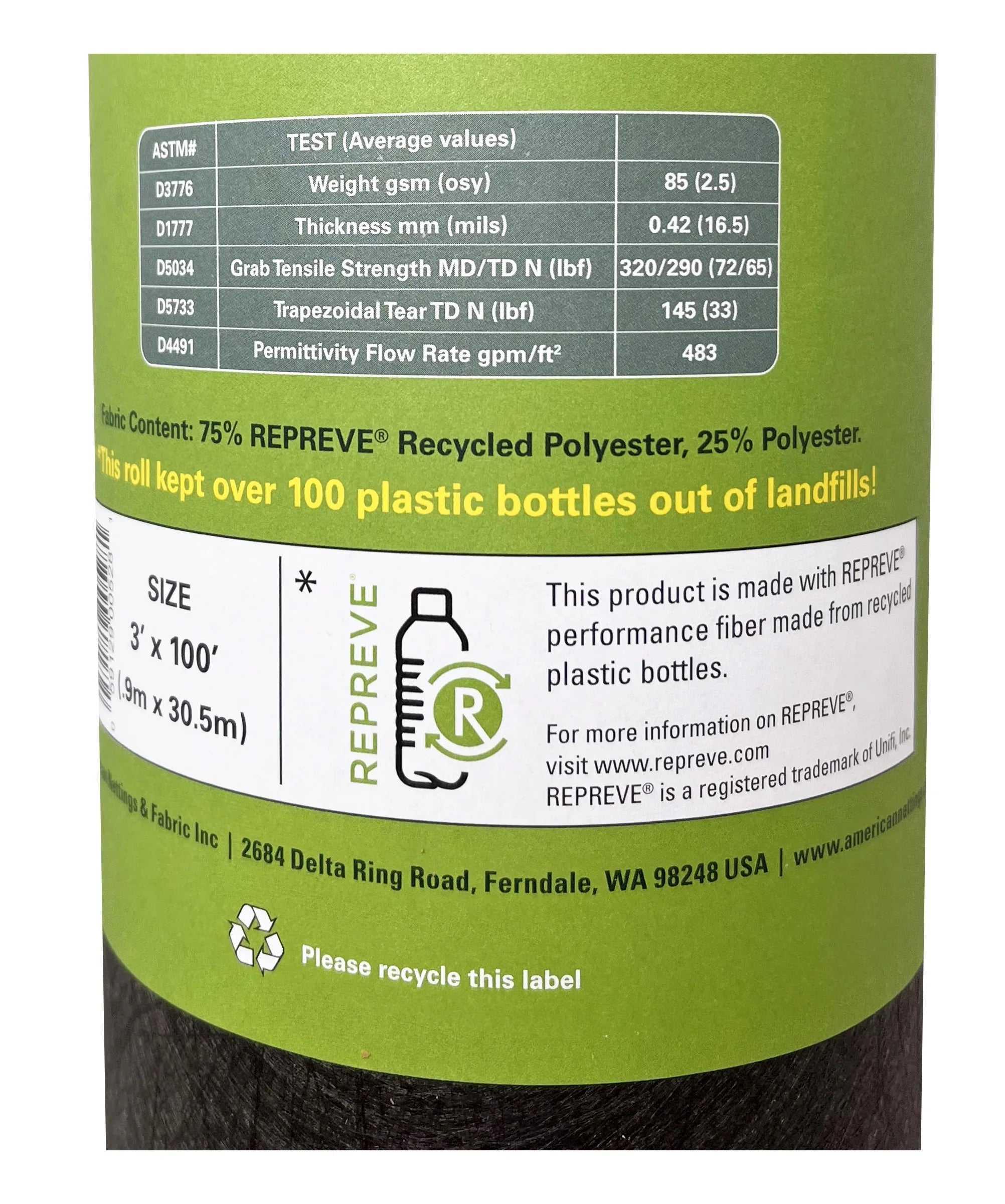 Premium REPREVE Nettings 3' American (Lifetime) Recycled Landscape Contractor Plus Fabric 100' x