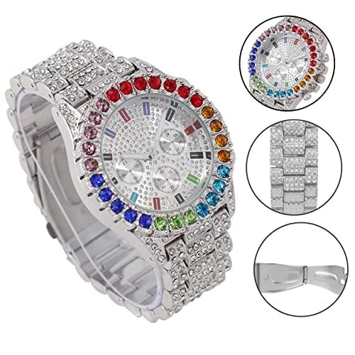 Iced Single or Iced Out Color Collection Raymond Blast Combo (ST10327CO-ZZ Colourful SLV) Out with Sets Blinged Watch on Out Flame Bracelets Rainbow Set. Charles Mens