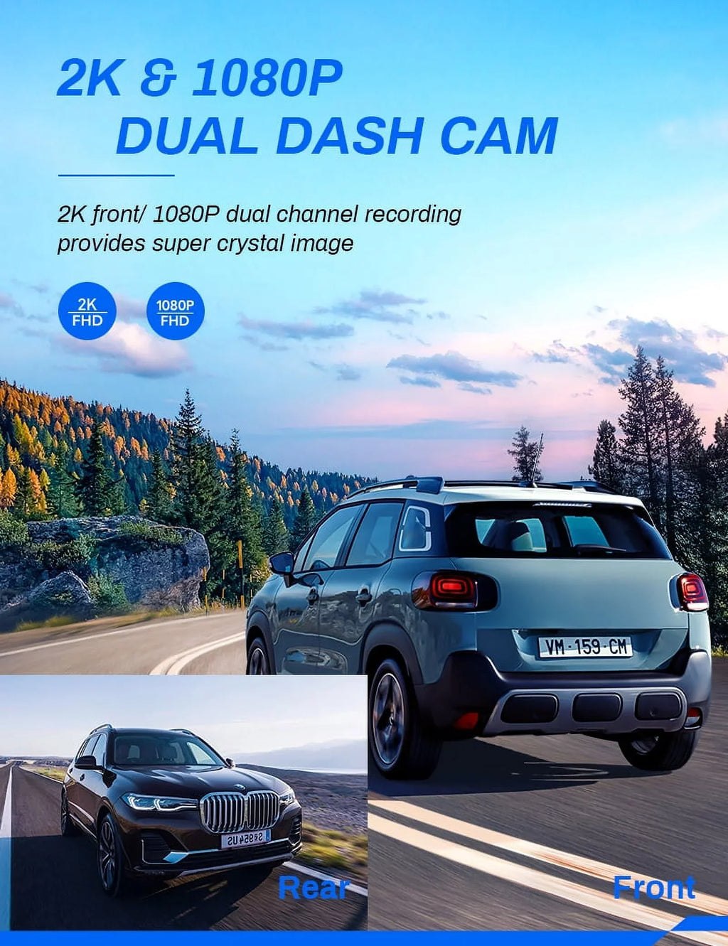 Cars IPS Crosstour Camera Camera Front GPS, for Recorder Cam Dash Backup 170° 2.5K Dashboard Dash 3 Rear, Magnetic and Screen inch