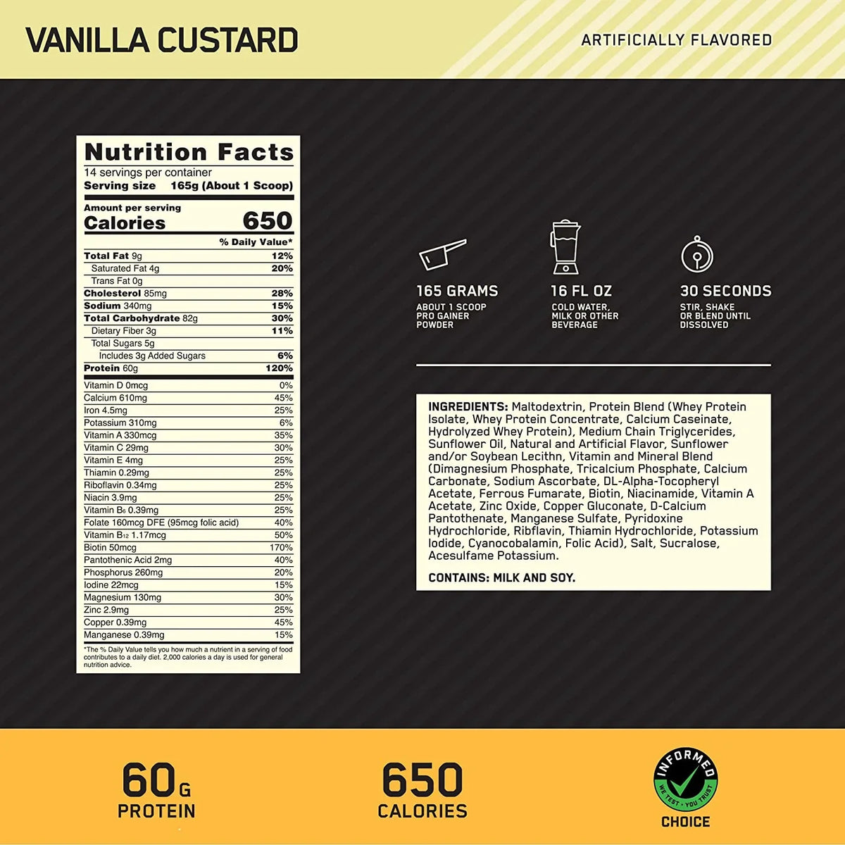 Protein 5.09 Protein, Optimum Vanilla 60 Powder, Gold g Standard lb, Servings Pro Gainer Custard, 14 Nutrition,