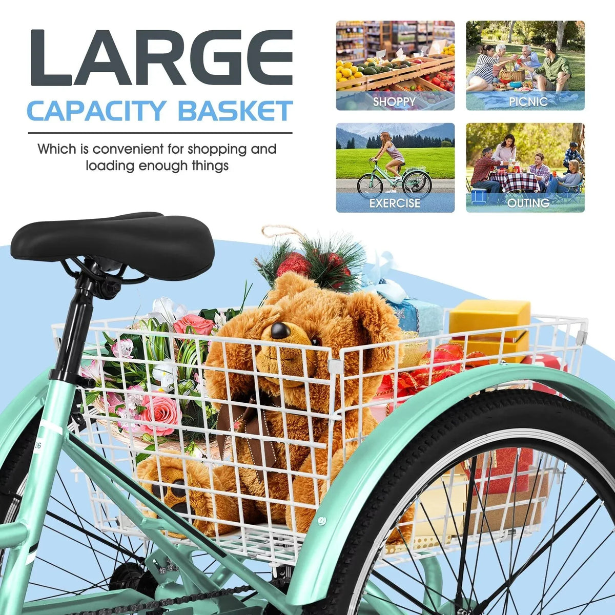 Trikes for Tricycles, Shopping, 3-Wheeled w/Spacious MOPHOTO Heavy Rides, Adults and Mountain Exercise, Duty 7-Speed Recreation Basket 24"/26"/27.5" Adventurous Bike