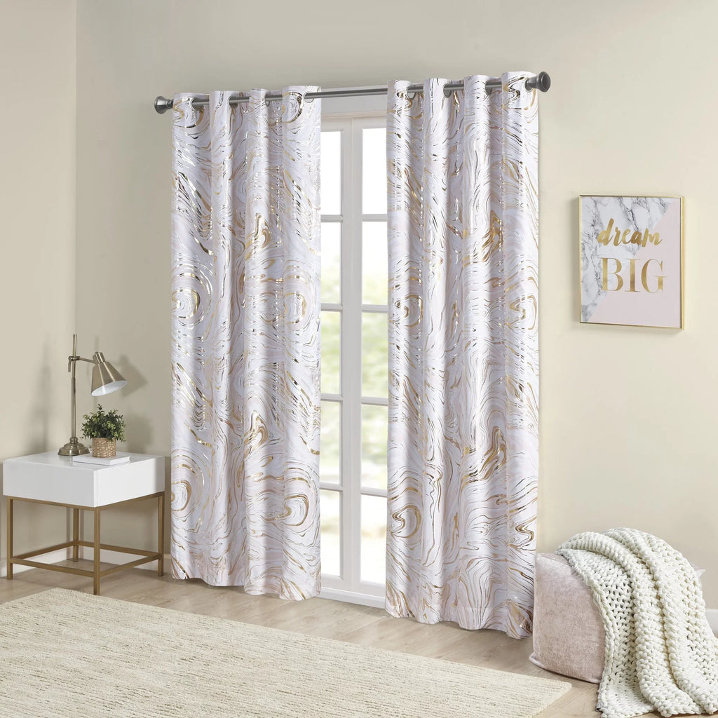 50x84" Total Metallic Marble Intelligent Blackout Grommet Printed Design Top Curtain, Rebecca Blush/Gold,