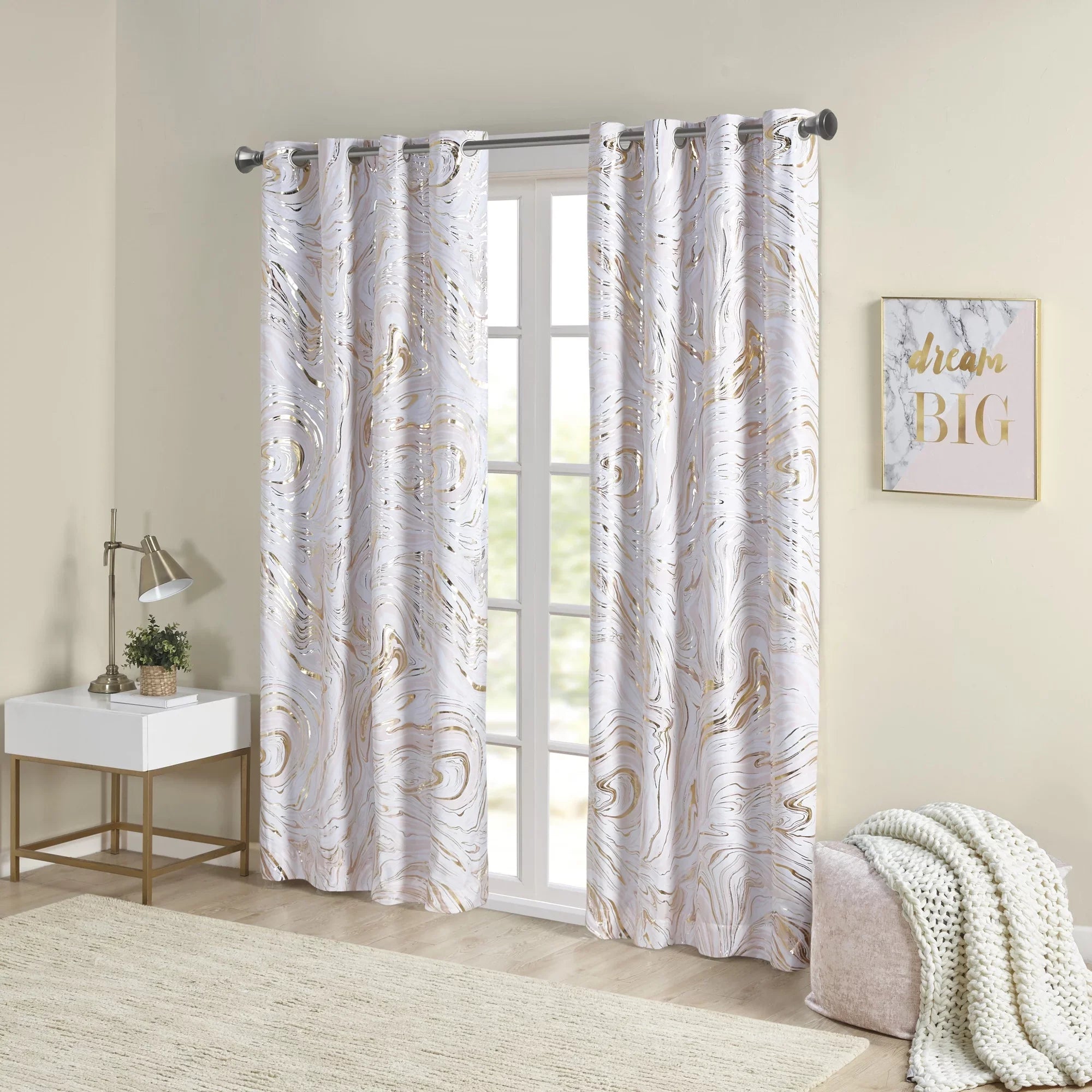 50x84" Total Metallic Marble Intelligent Blackout Grommet Printed Design Top Curtain, Rebecca Blush/Gold,