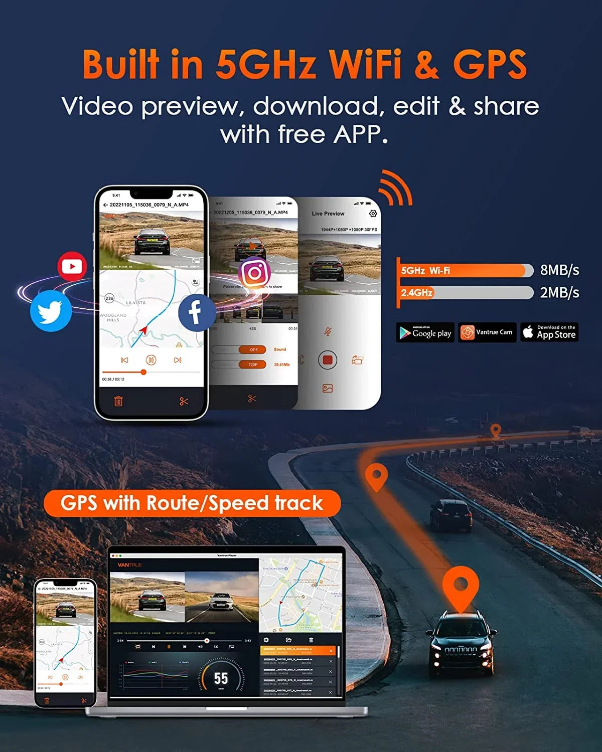 and WiFi Control, Way IR Support Dash Vantrue Dash 24 STARVIS Triple Front Inside, 3 Hours 2.5K GPS with Vision, Cam Night Rear Mode, Camera Channel Max Parking 512GB 3 E3 Voice 1944P+1080P+1080P