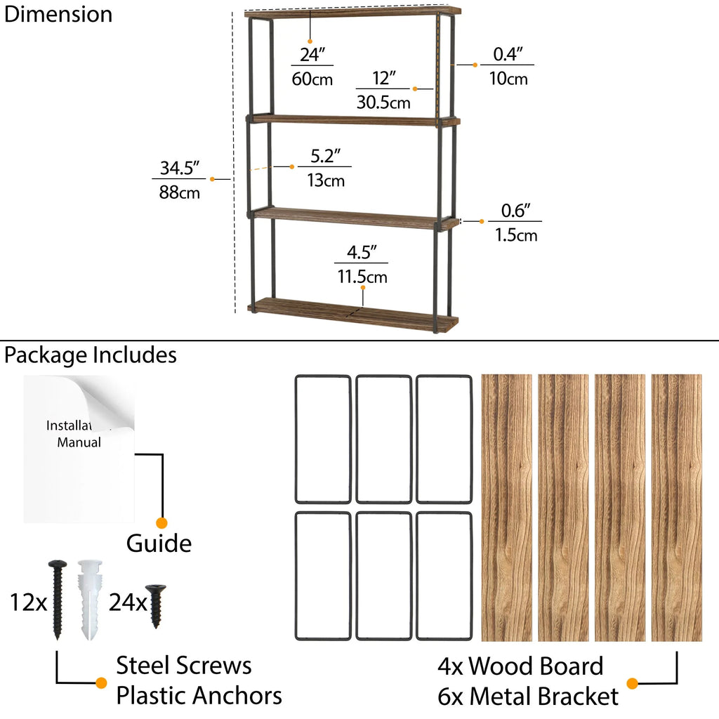 Porto Wall Kitchen 4-Tier Rustic Floating Wood Farmhouse for Laundry Bookcases Organizer, Burned Storage Natural Wallniture Shelves