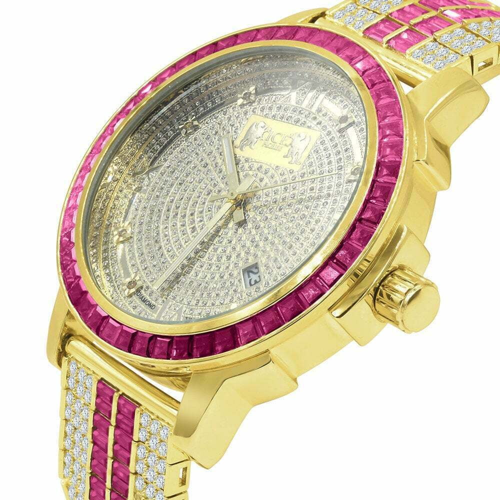 Real Gold Tourmaline Pink Bezel Diamond Stainless Steel Dial Custom Tone Mens Watch