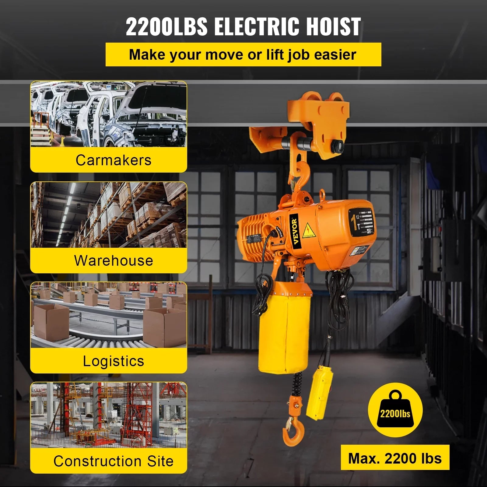 VEVOR G80, Chain Logistics, Ton 2200LBS/10FT Pendant Hoist, Double Factories Lift Phase 1 Single Chain Control Hoist Electric Electrical and Agriculture Height for 110V with with Hook, Chain Mount