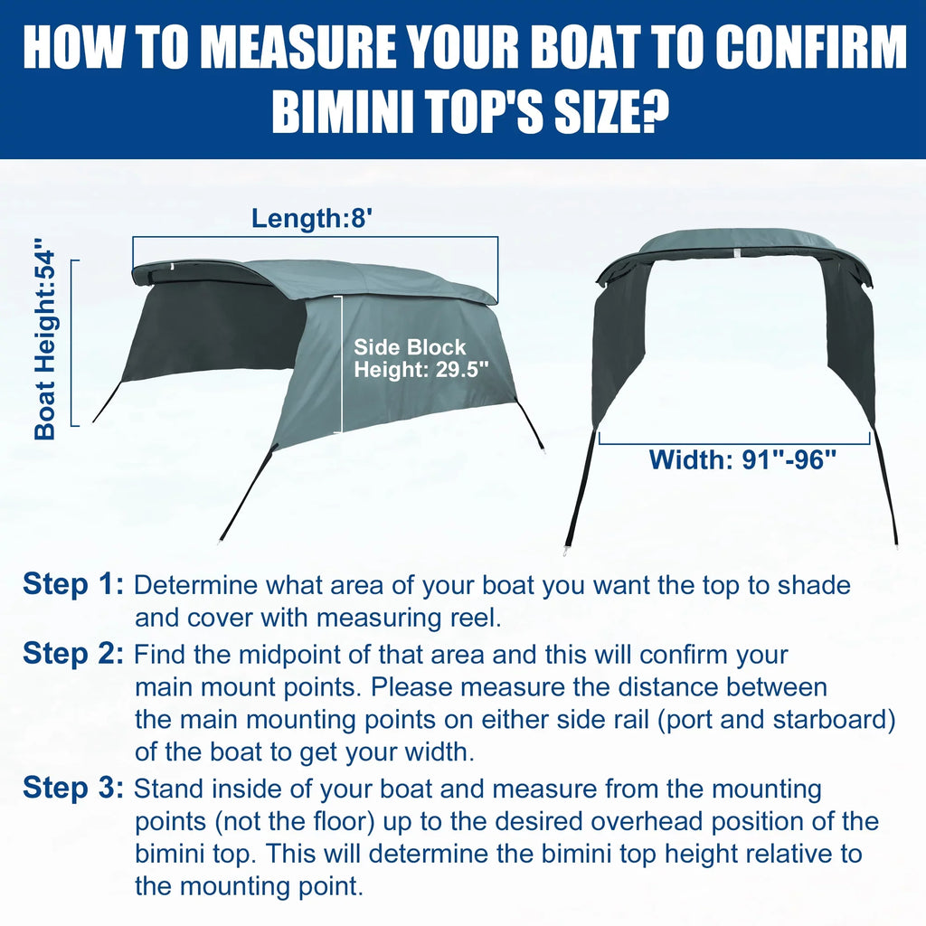 Detachable Canvas With Gray Side 4Bow 8'Lx54"Hx91"-96"W Unique Top Blocks Bimini Bargains