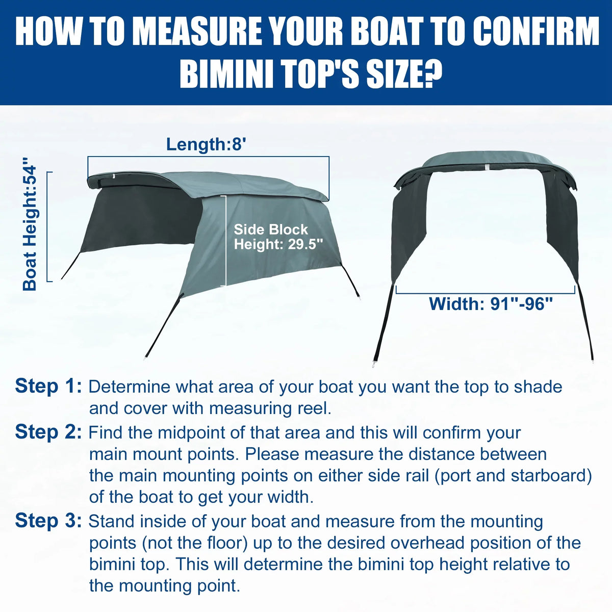 Detachable Canvas With Gray Side 4Bow 8'Lx54"Hx91"-96"W Unique Top Blocks Bimini Bargains