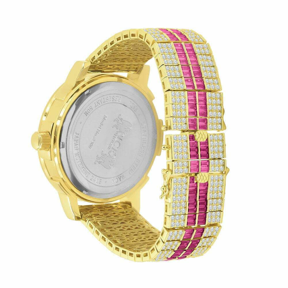 Real Gold Tourmaline Pink Bezel Diamond Stainless Steel Dial Custom Tone Mens Watch